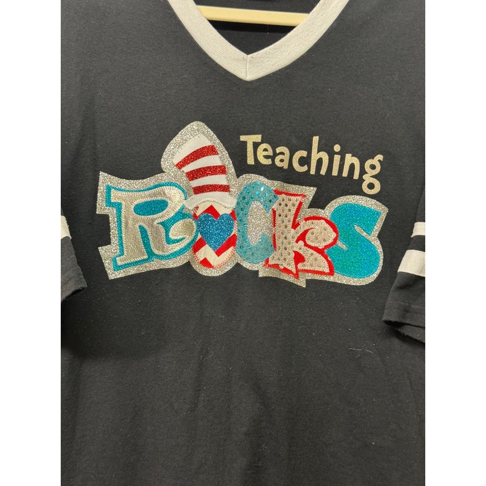 Augusta Sportswear Teaching Rocks Teacher Jersey Shirt 2XL Glitter Black V-Neck